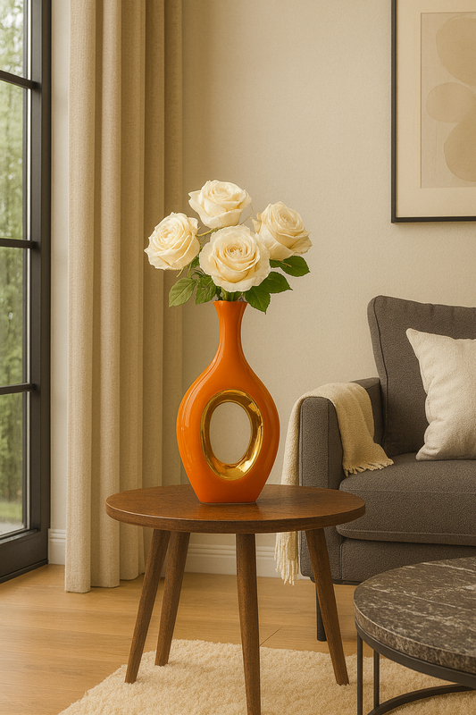 Vase en céramique de luxe orange bordé d’or