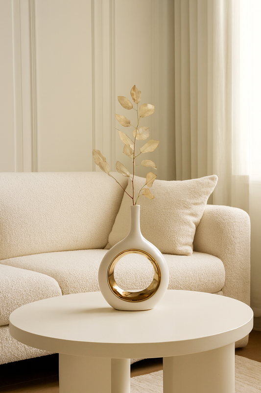 Vase géométrique en céramique blanc et or