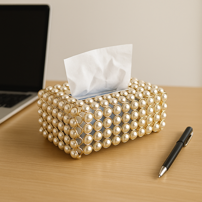 Boîte à Mouchoirs Tressée Dorée avec Perles – Design Élégant pour Maison & Voiture