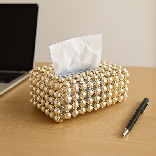 Boîte à Mouchoirs Tressée Dorée avec Perles – Design Élégant pour Maison & Voiture