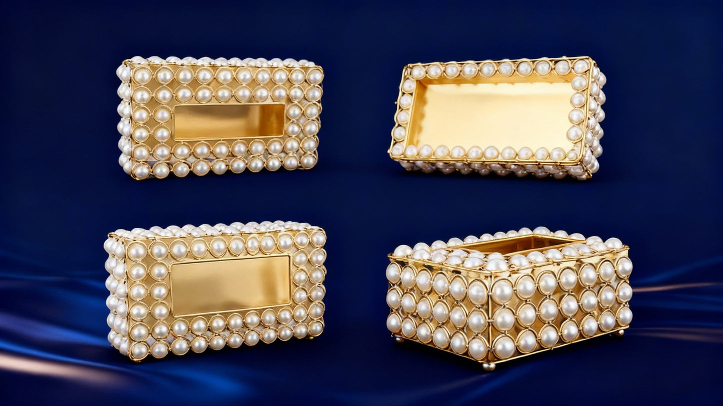 Boîte à Mouchoirs Tressée Dorée avec Perles – Design Élégant pour Maison & Voiture