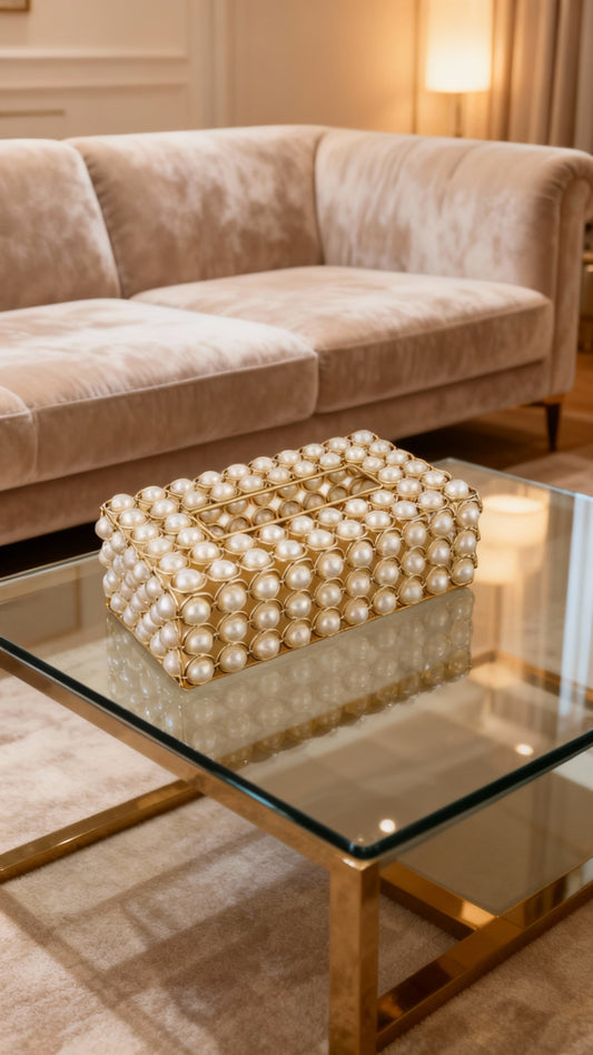 Boîte à Mouchoirs Tressée Dorée avec Perles – Design Élégant pour Maison & Voiture