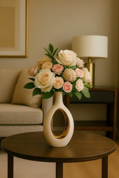 Vase géométrique en céramique blanc et or