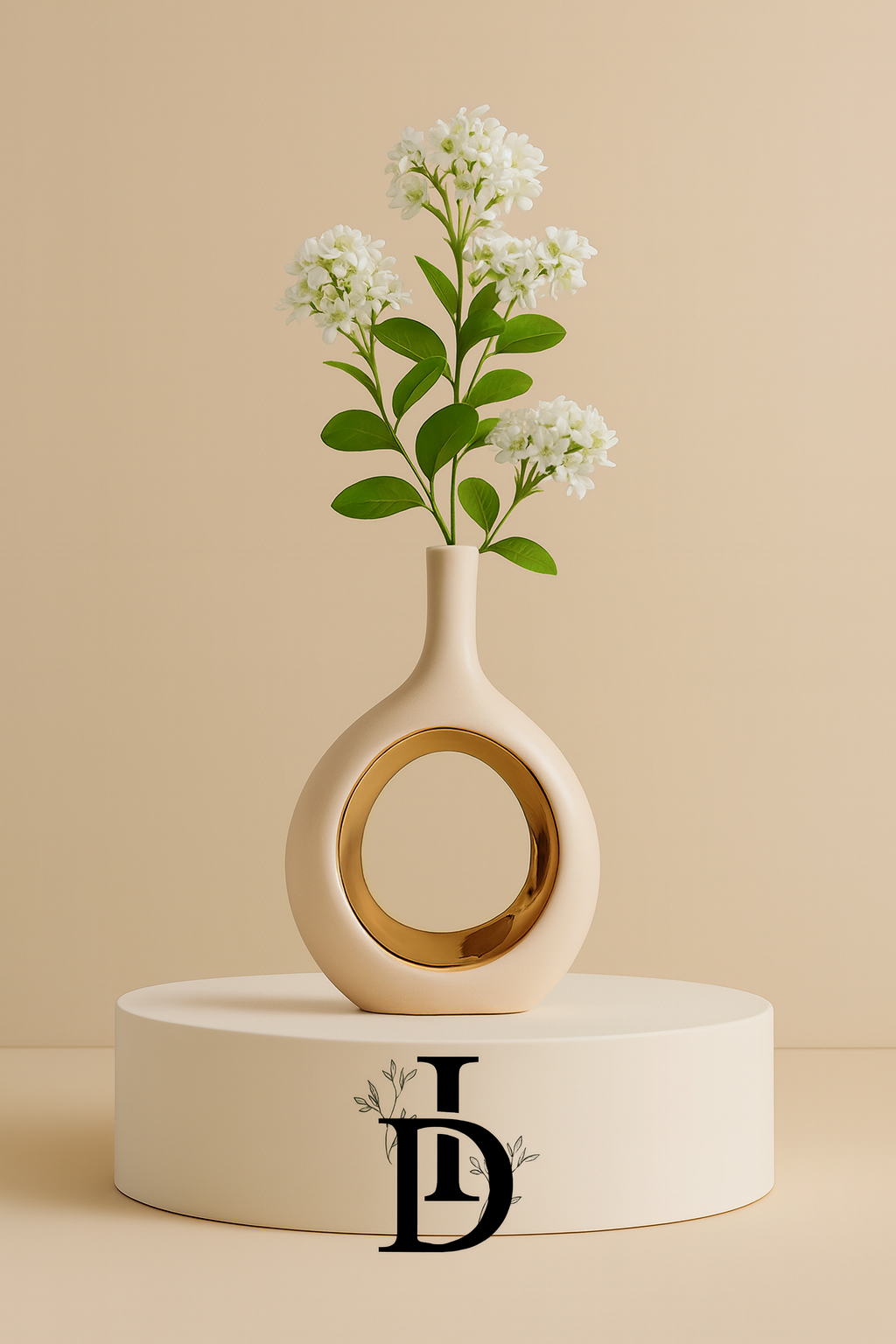 Vase géométrique en céramique blanc et or