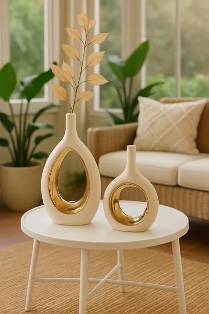 Vase géométrique en céramique blanc et or