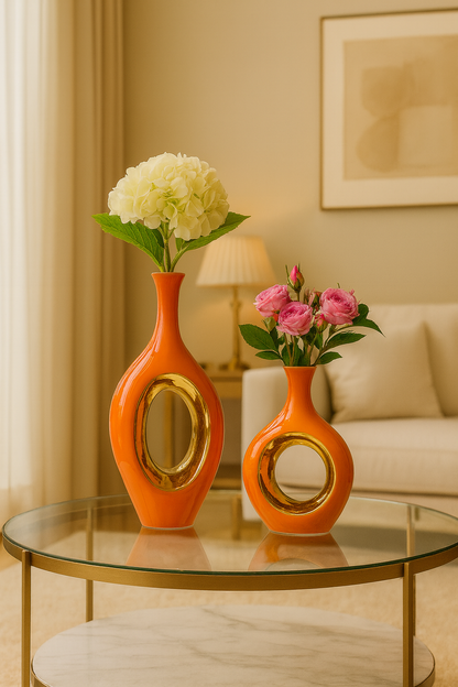 Vase en céramique de luxe orange bordé d’or