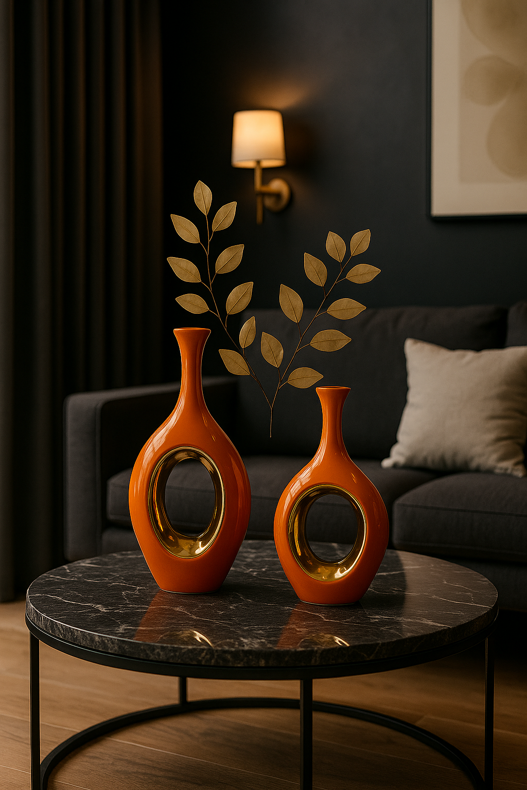 Vase en céramique de luxe orange bordé d’or
