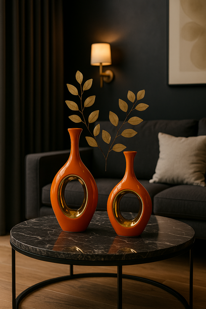 Vase en céramique de luxe orange bordé d’or