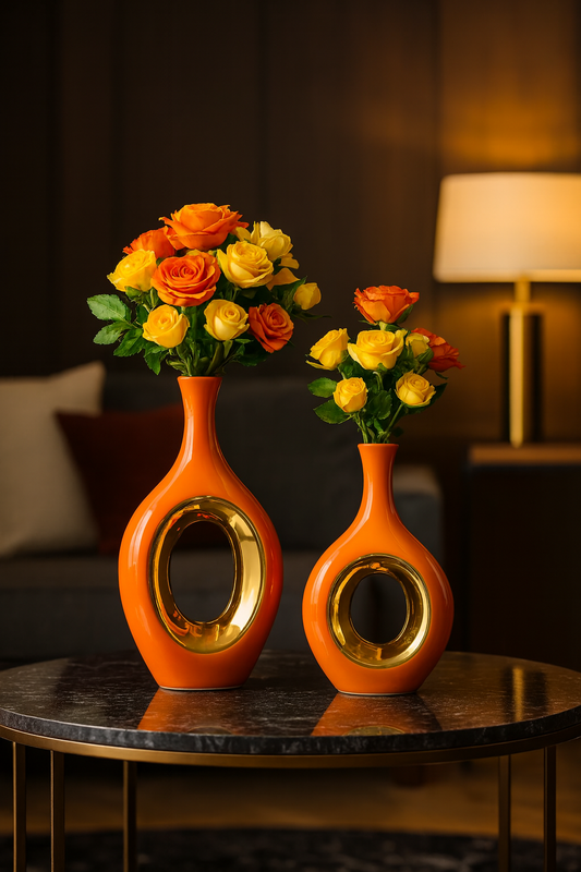 Vase en céramique de luxe orange bordé d’or