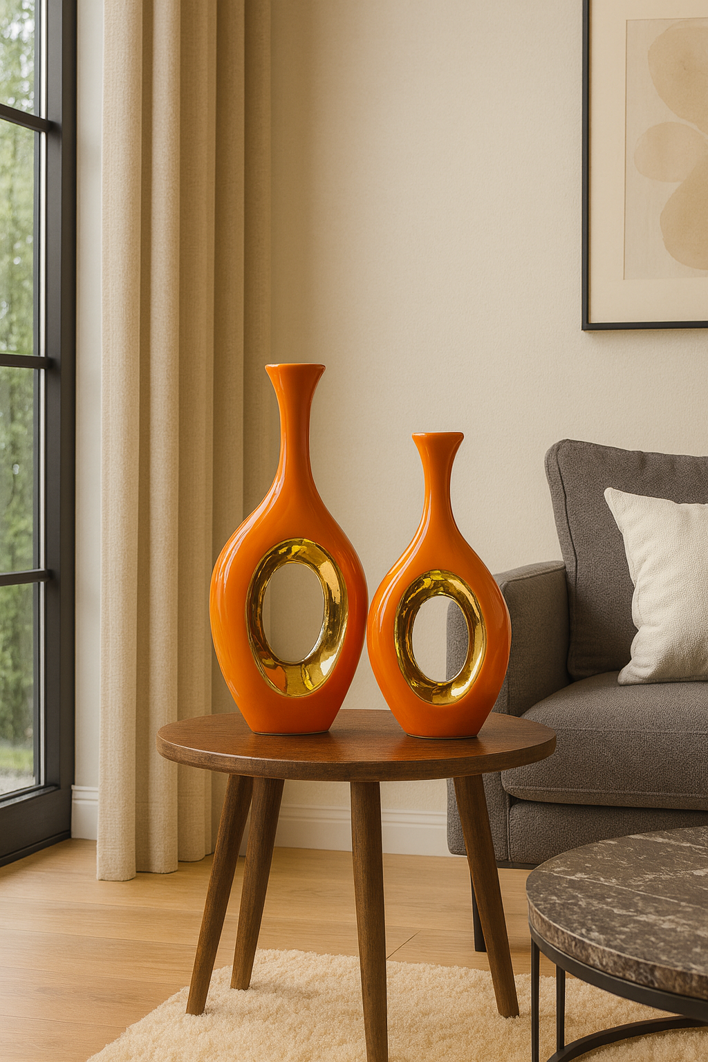 Vase en céramique de luxe orange bordé d’or