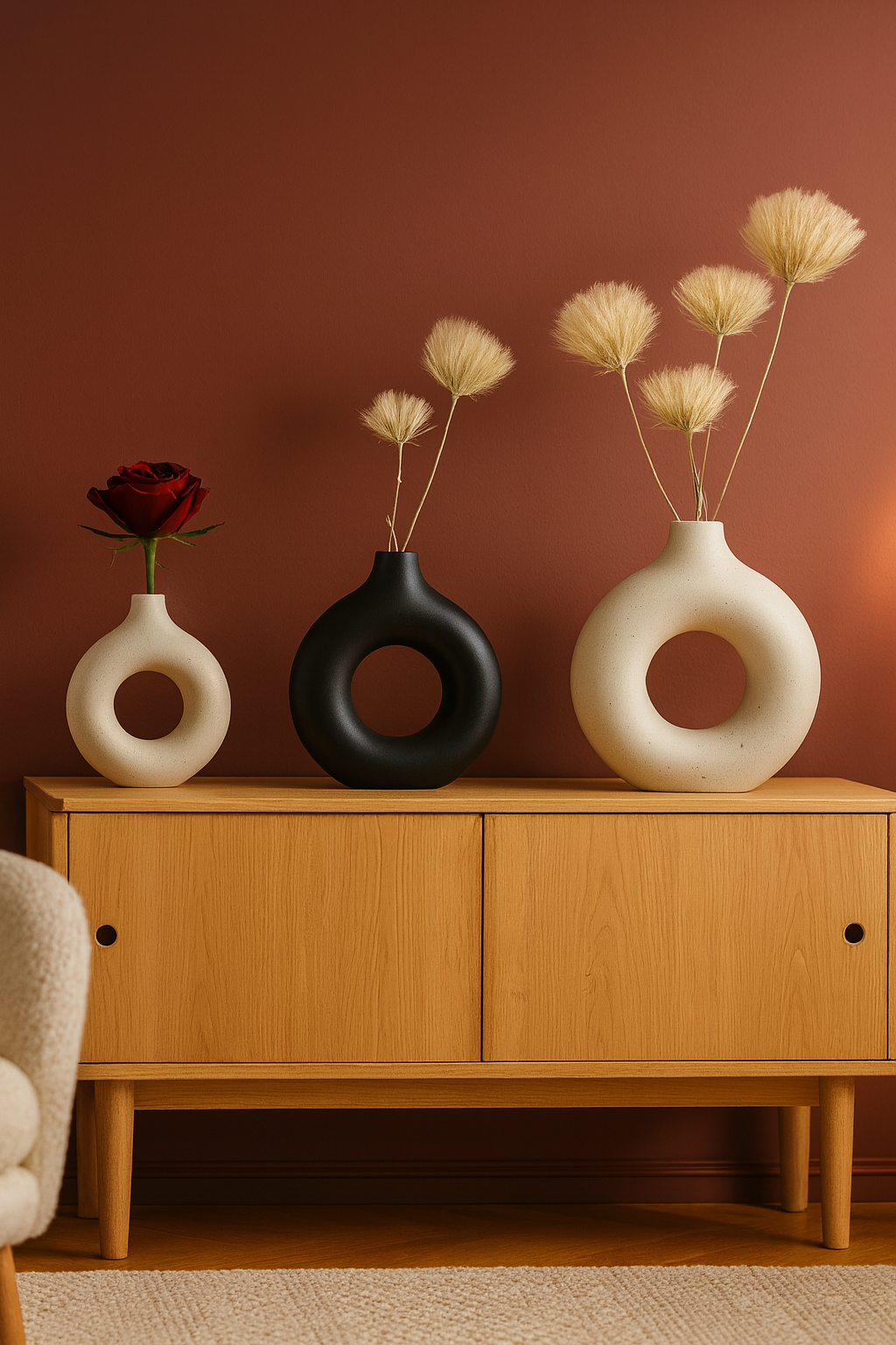 Vase Nordique Rond Creux en Céramique – Design Donut Moderne