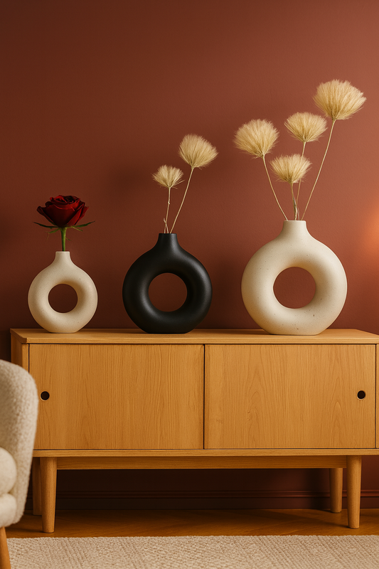 Vase Nordique Rond Creux en Céramique – Design Donut Moderne