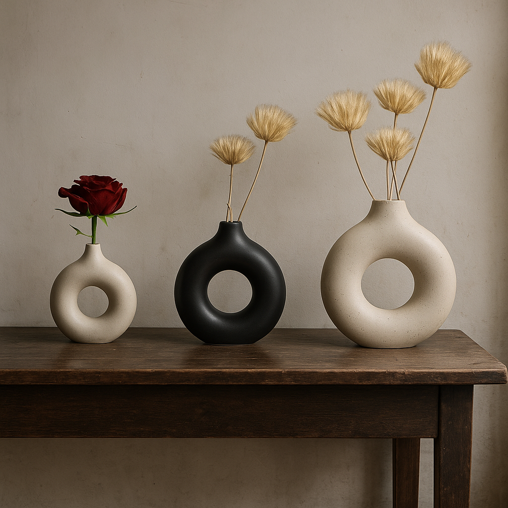 Vase Nordique Rond Creux en Céramique – Design Donut Moderne
