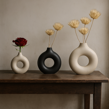 Vase Nordique Rond Creux en Céramique – Design Donut Moderne