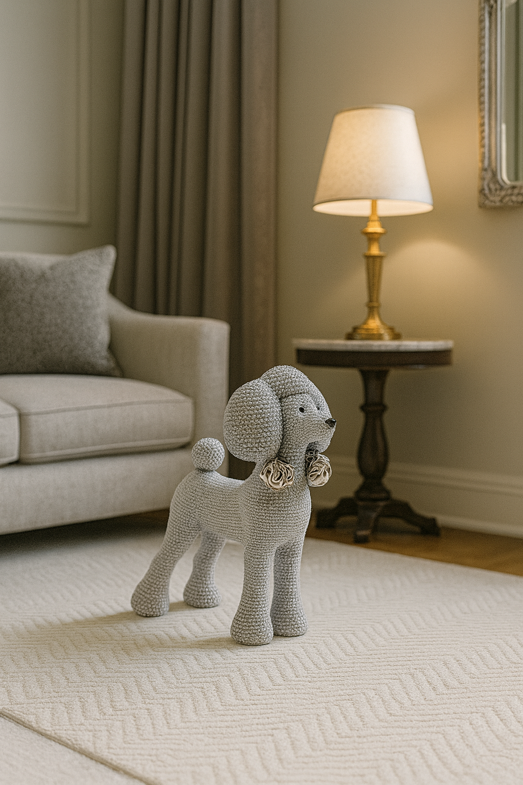 Statue Chien Teddy en Résine avec Nœud de Perles