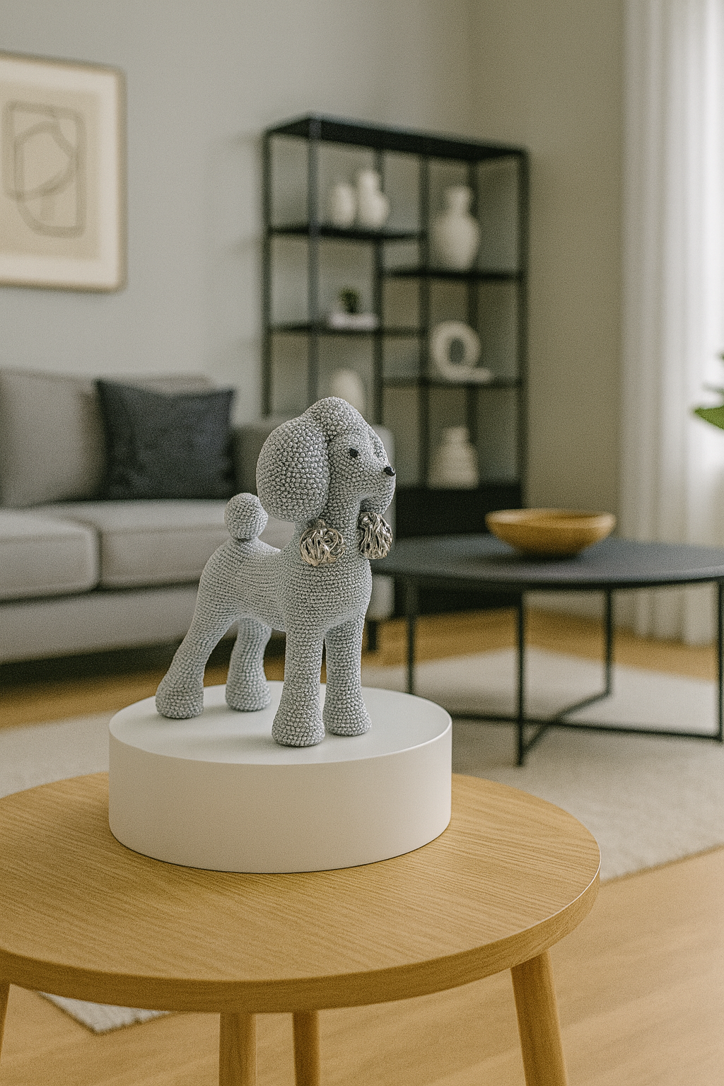 Statue Chien Teddy en Résine avec Nœud de Perles