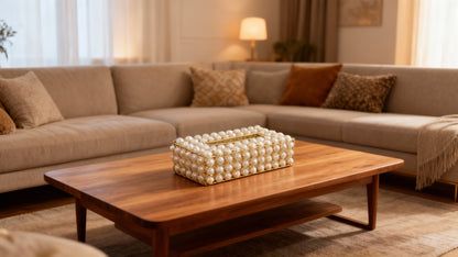 Boîte à Mouchoirs Tressée Dorée avec Perles – Design Élégant pour Maison & Voiture