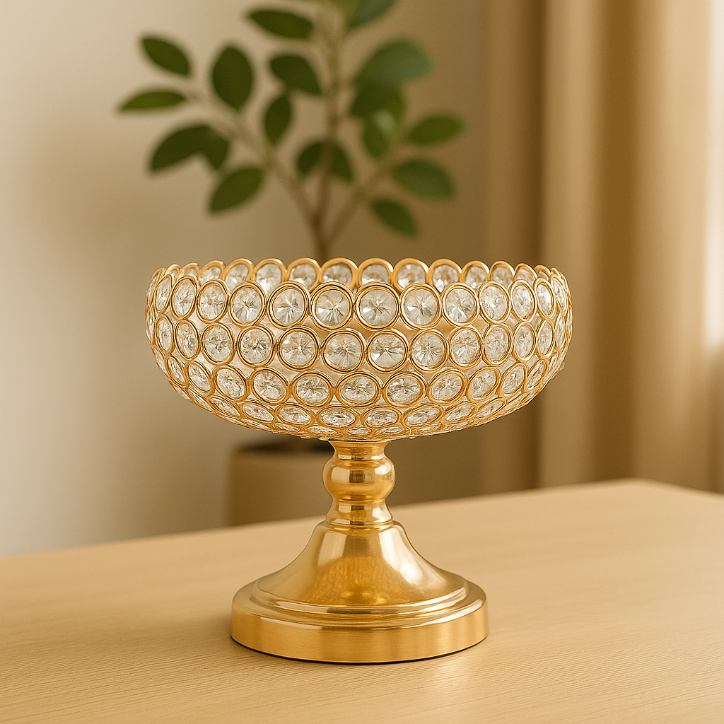 Grande Coupe à Fruits en Fer Doré et Cristaux